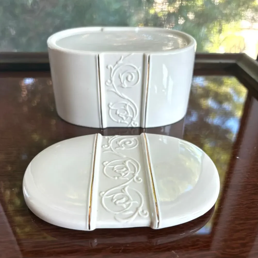 Vintage Croscill White Ceramic Trinket Box Oval with Gold Trim Scrolls